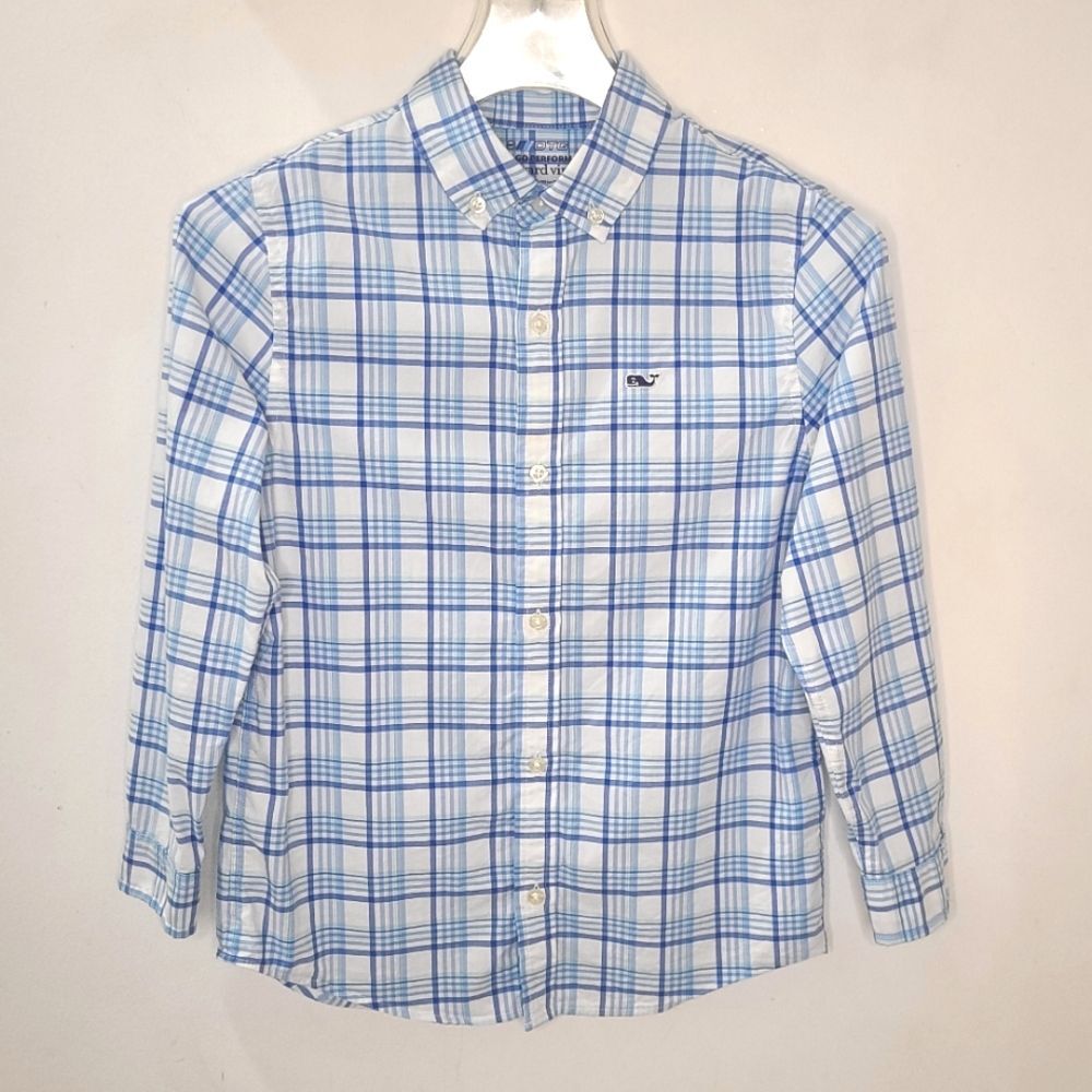 Vineyard Vines Boys' Blue Check On-The-Go brrrº Tattersall Buttondown Shirt Sz 7